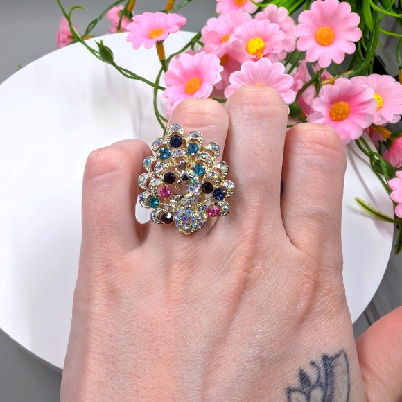 Cute Crystal Studded Aurora Borealus Finish Peacock Vintage Y2K Ring - Picture 1 of 6
